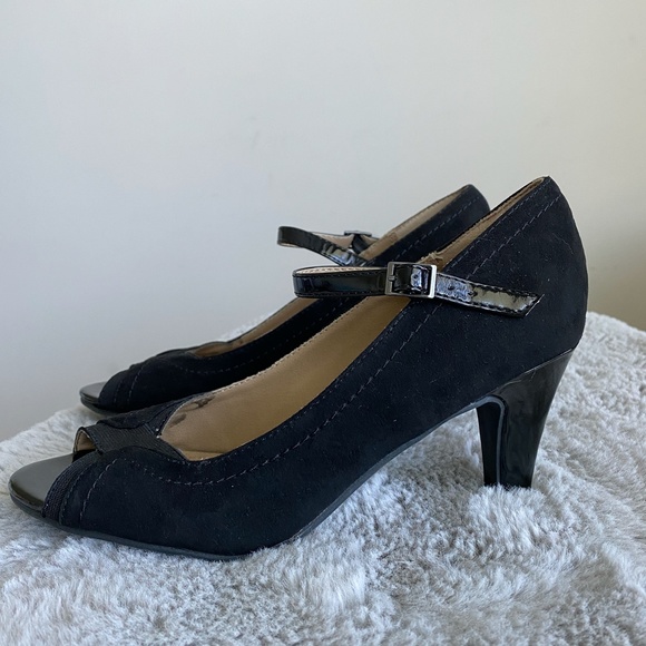 Dexflex Comfort Open Toe Black Tan High Heels - Picture 8 of 14